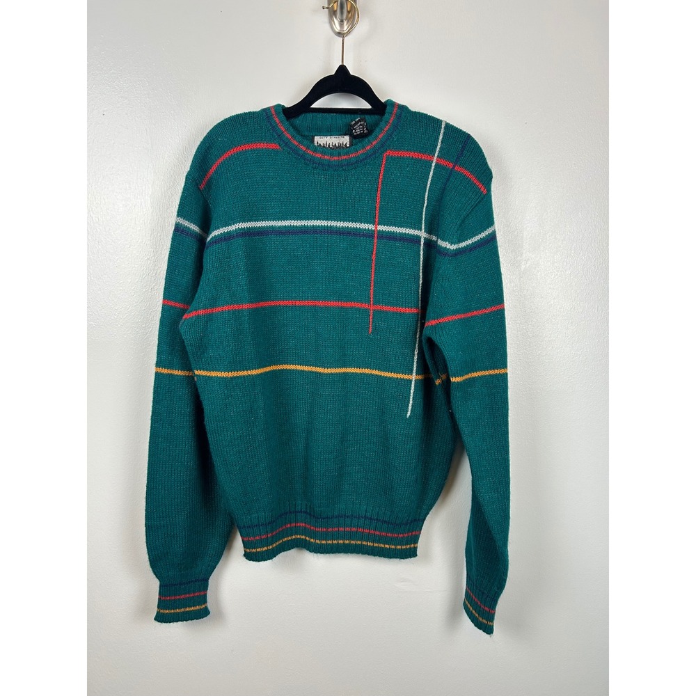 Vintage 80s 90s City Streets Teal Striped Crew Neck Sweater Size Medium Jumper‎